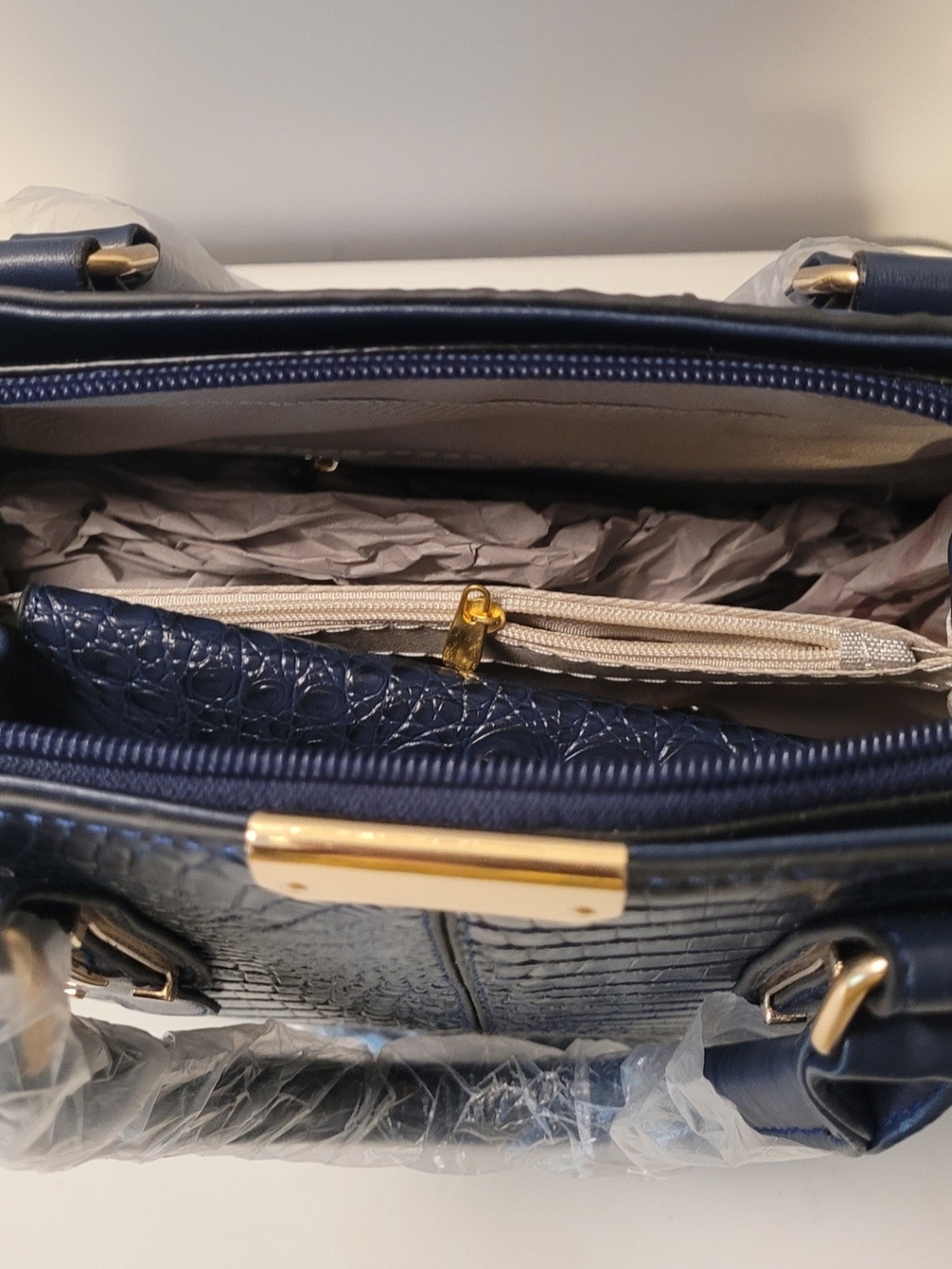 Croc-Embossed Structured Satchel in Dark Blue - Picture 4 of 5